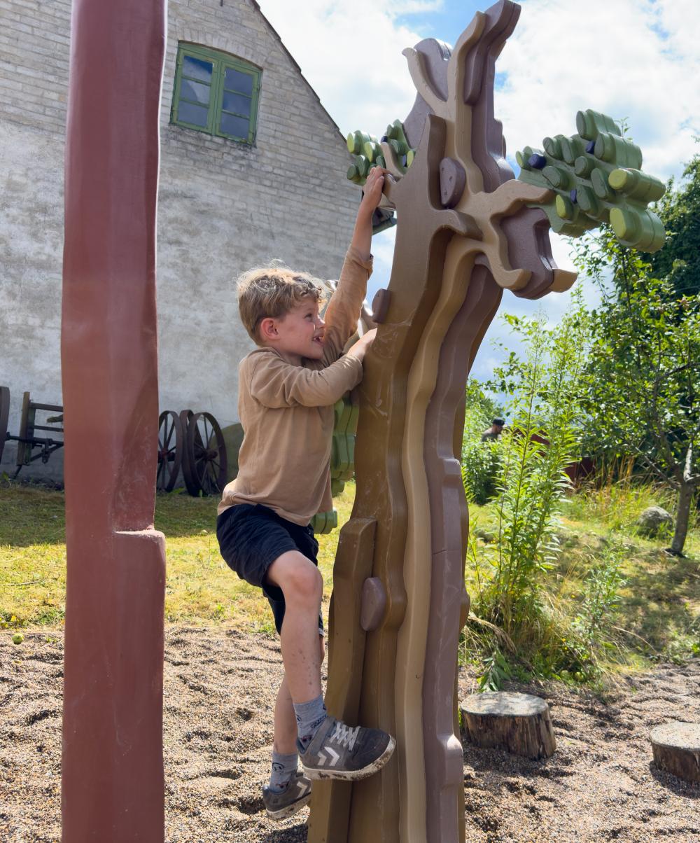 Boy climbing up wooden playground tree