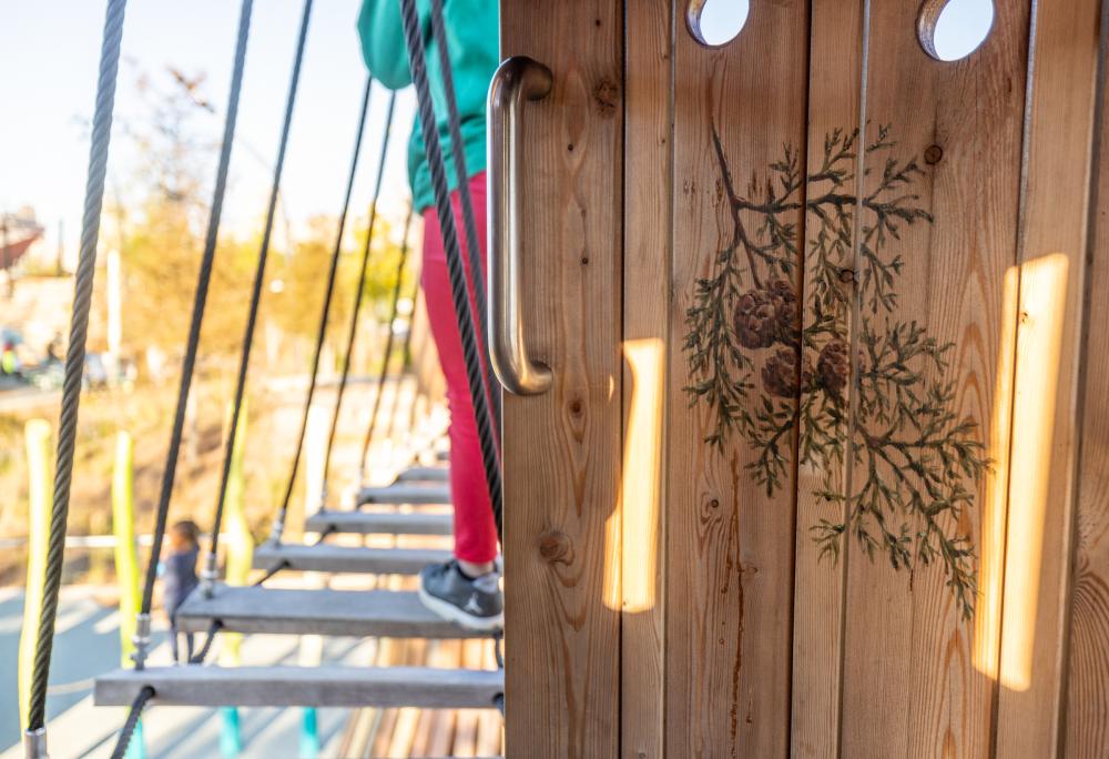 Painting of pine cones and branches on the inside of wooden playground