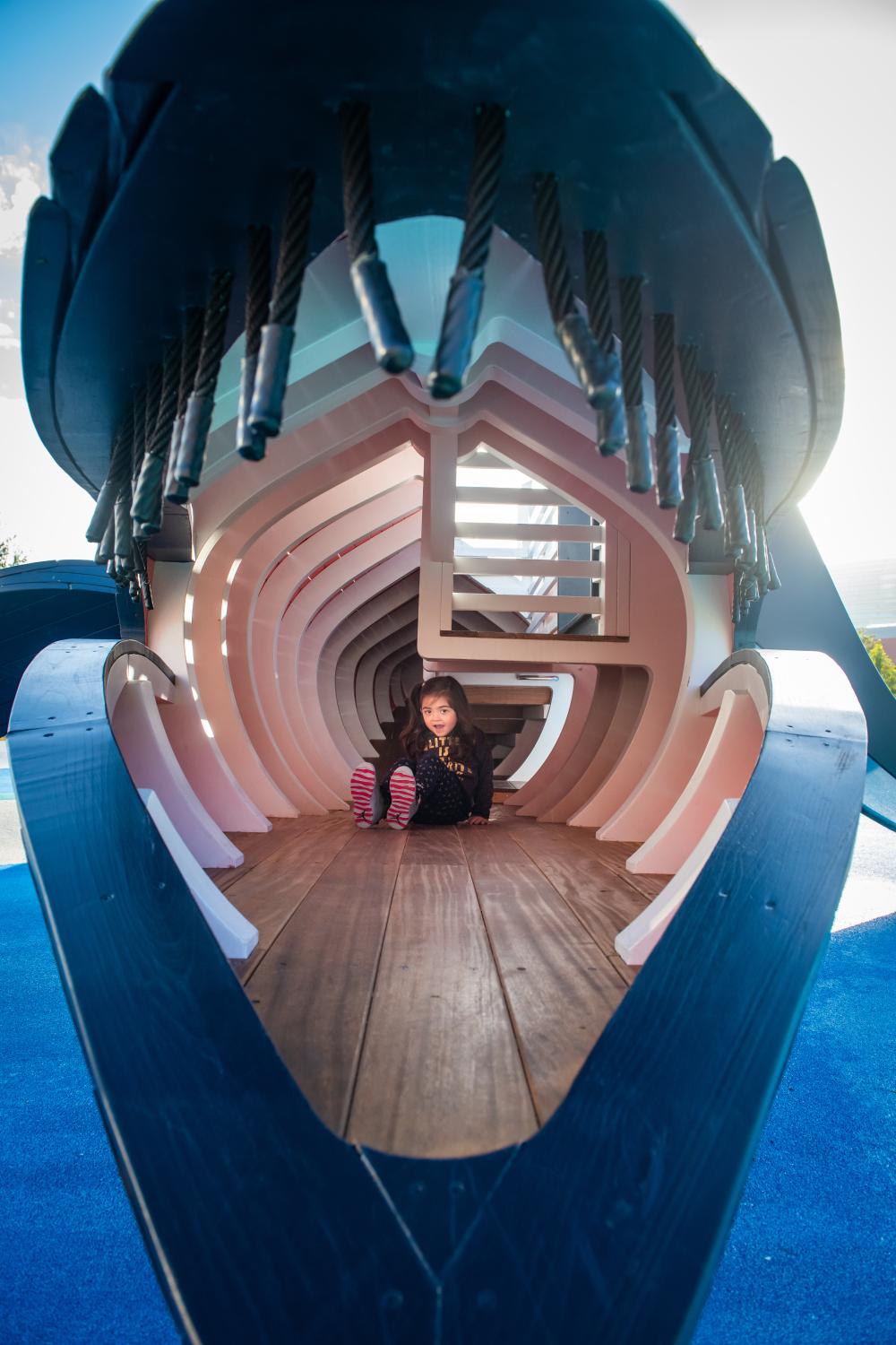 Girl sitting inside whale playground structure