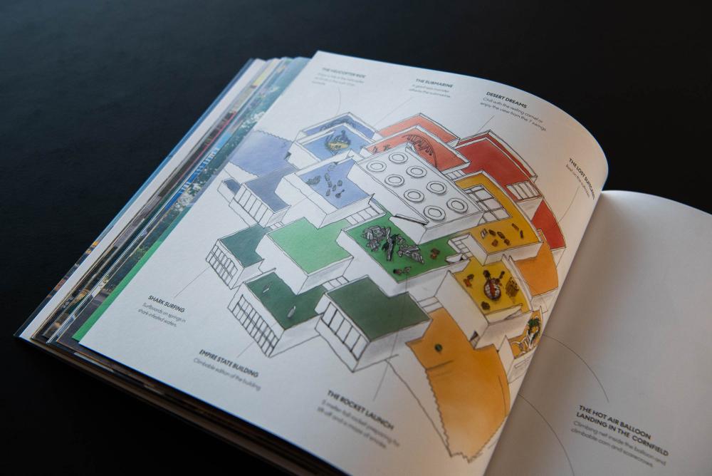 Inside spread of MONSTRUM Book with illustration of playground design