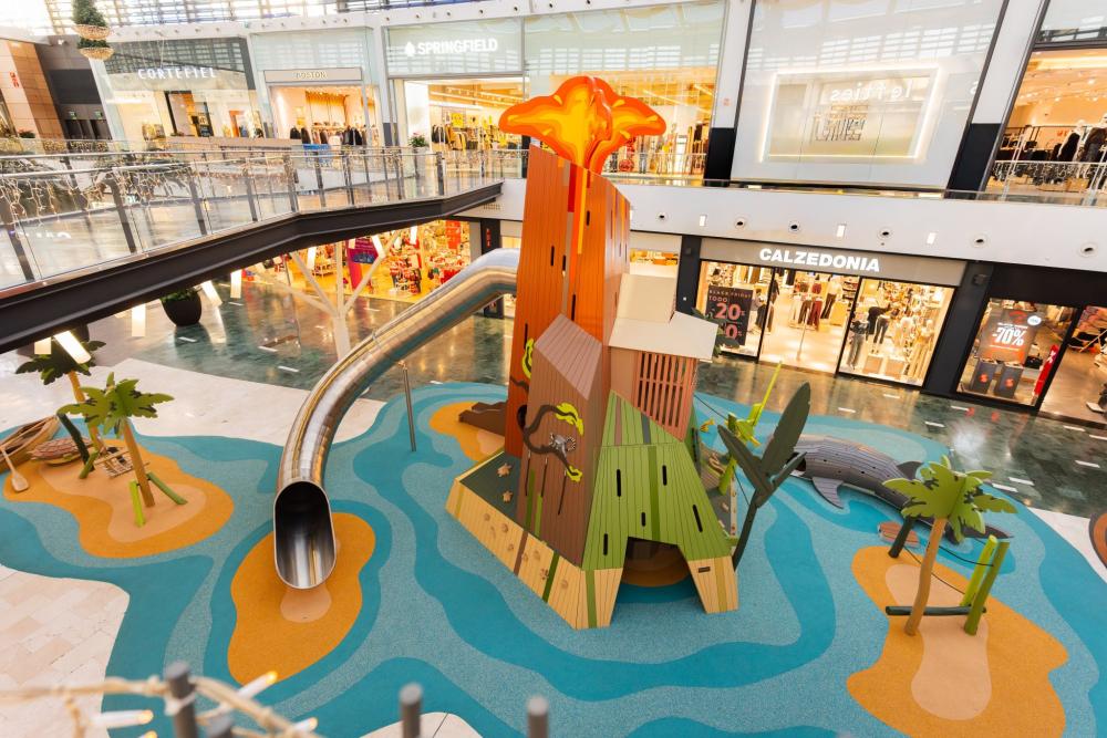 View from above of voclcano playground in middle of shopping centre