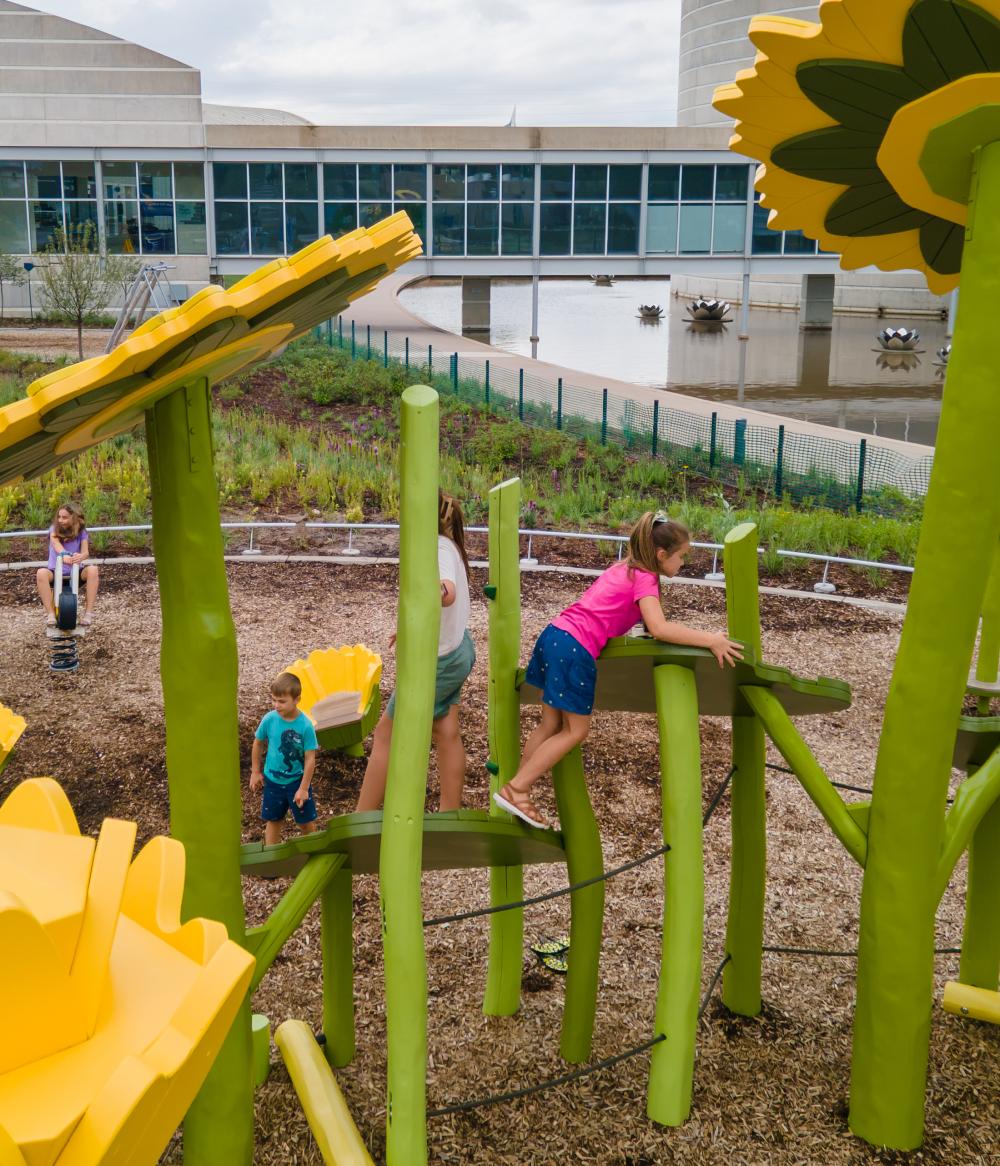 Kids climbing on big playground sunflowers